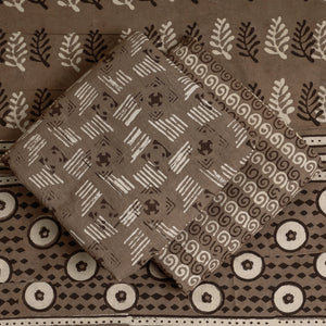 Brown - 3pc Cotton Block Printed Pipad Dress Material Set