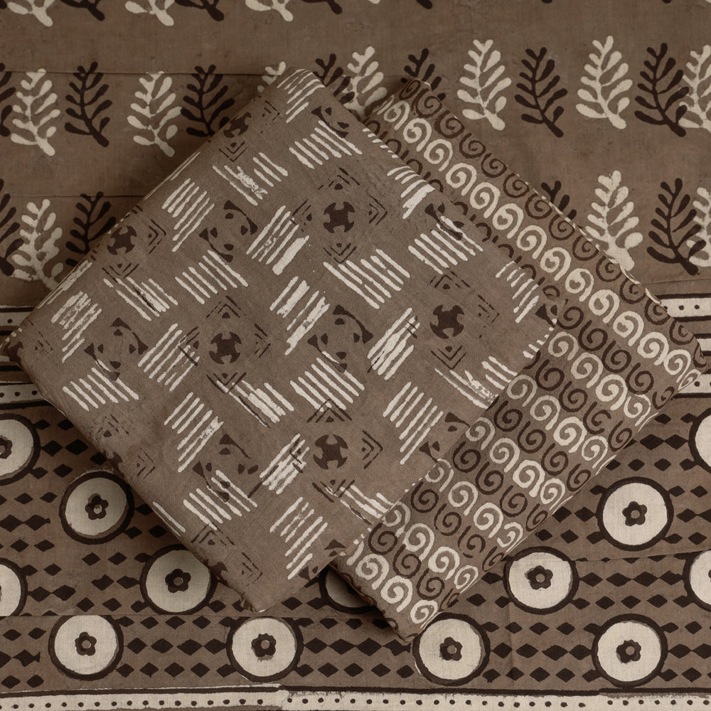 Brown - 3pc Cotton Block Printed Pipad Dress Material Set