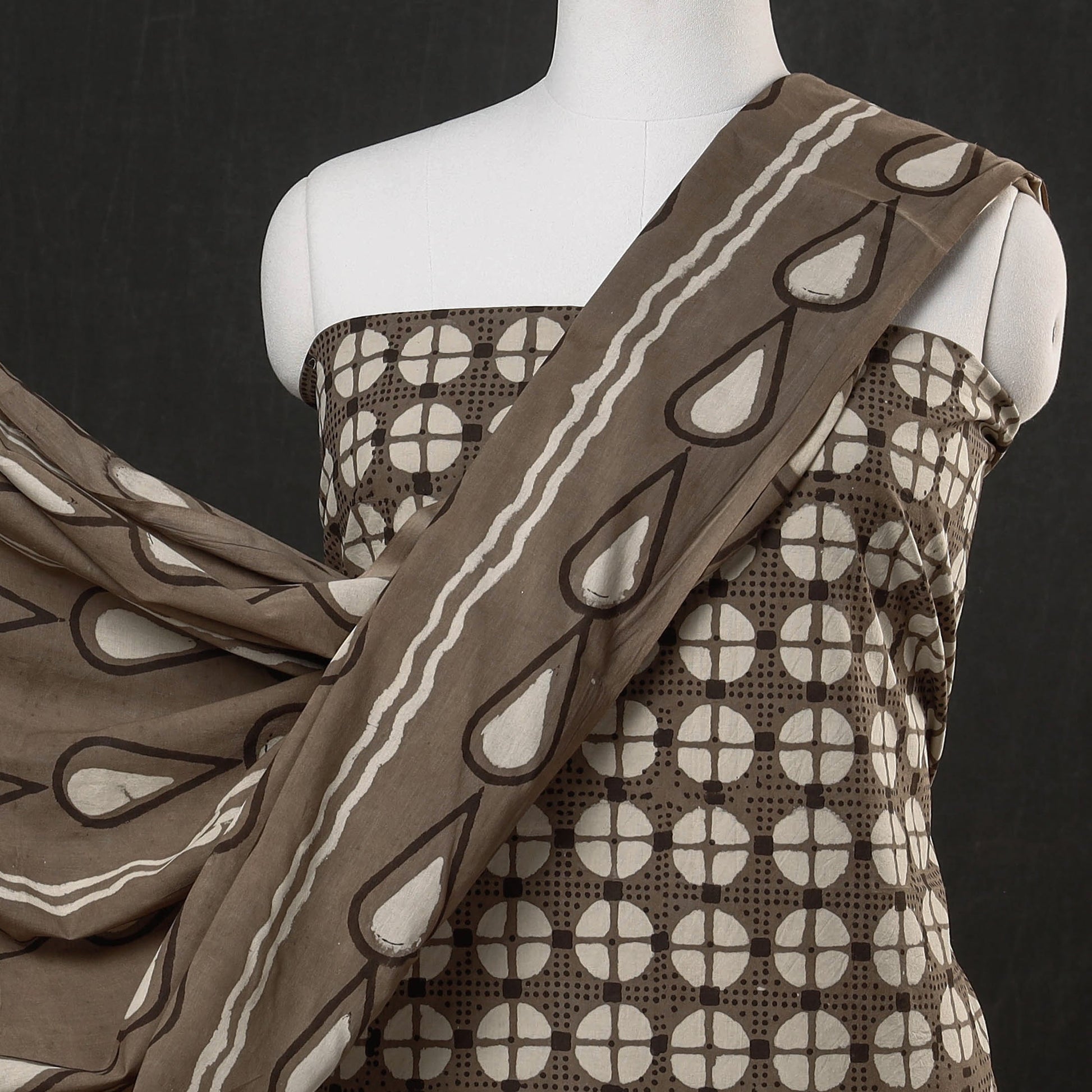 Brown - 3pc Cotton Block Printed Pipad Dress Material Set