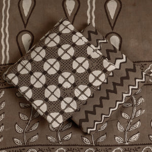 Brown - 3pc Cotton Block Printed Pipad Dress Material Set