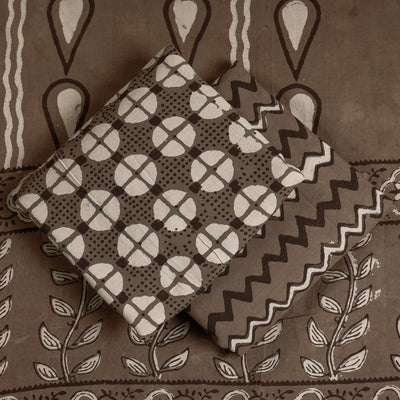 Brown - 3pc Cotton Block Printed Pipad Dress Material Set