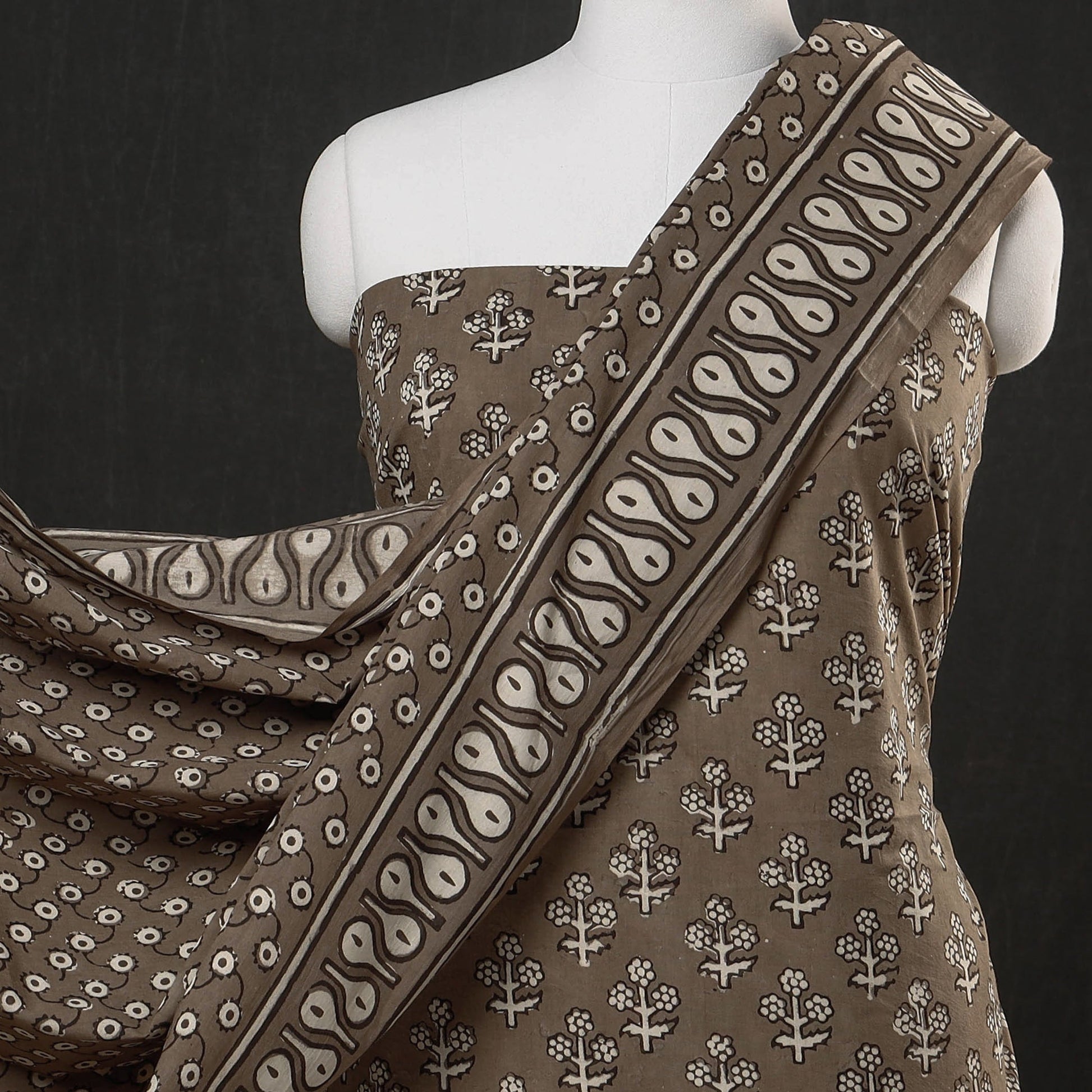 Brown - 3pc Cotton Block Printed Pipad Dress Material Set
