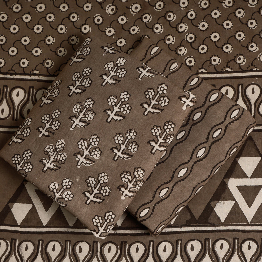 Brown - 3pc Cotton Block Printed Pipad Dress Material Set