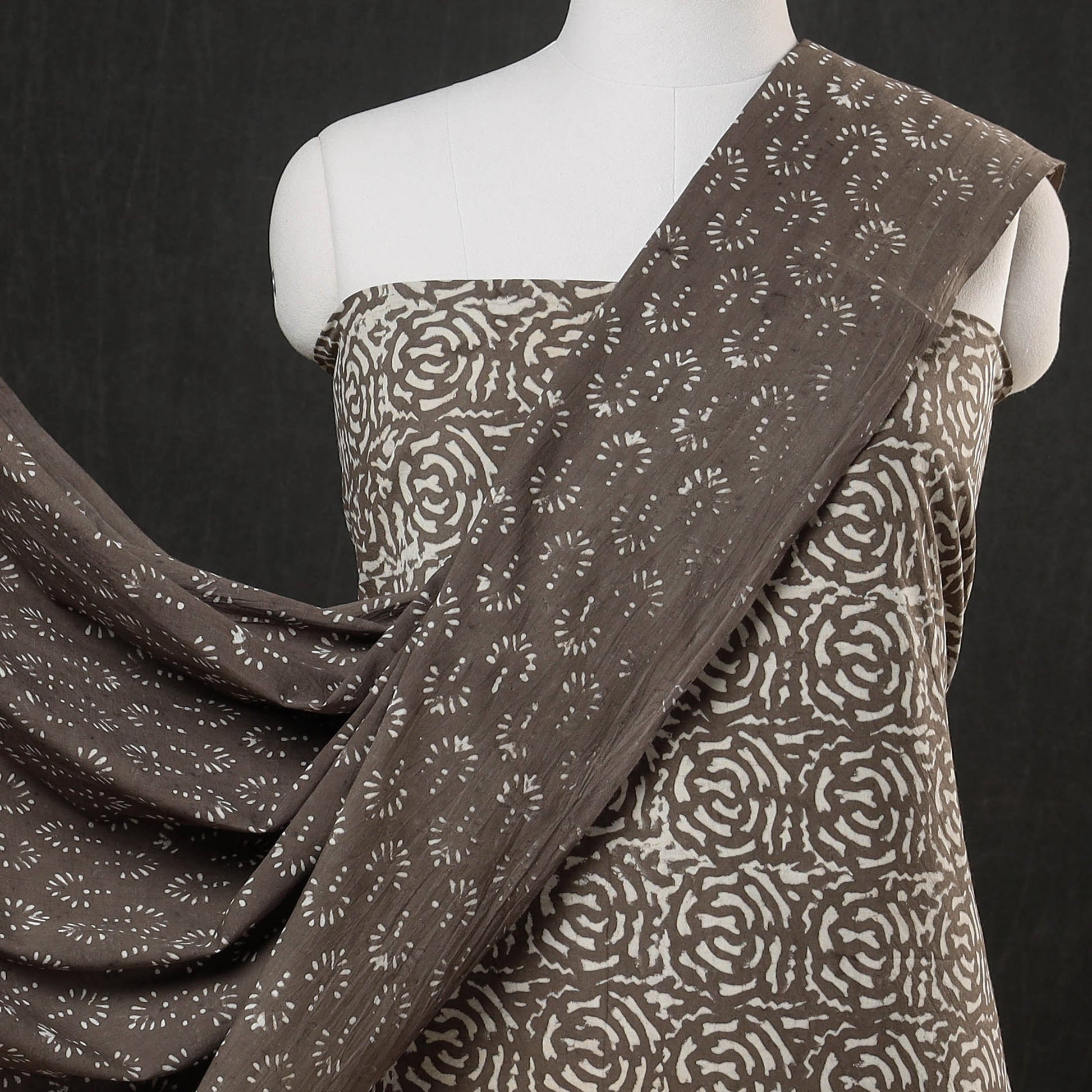 Brown - 3pc Cotton Block Printed Pipad Dress Material Set
