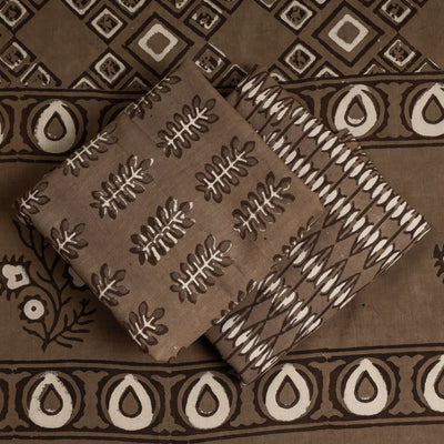 Brown - 3pc Cotton Block Printed Pipad Dress Material Set