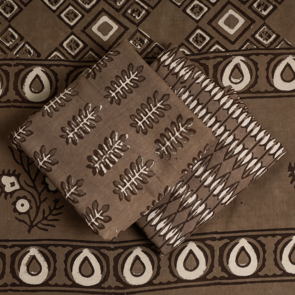 Brown - 3pc Cotton Block Printed Pipad Dress Material Set