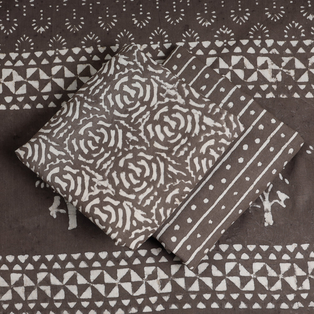 Brown - 3pc Cotton Block Printed Pipad Dress Material Set
