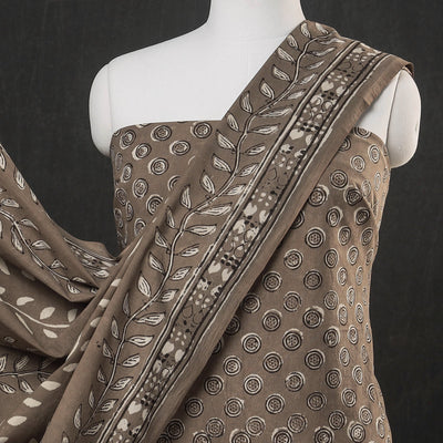 Brown - 3pc Cotton Block Printed Pipad Dress Material Set