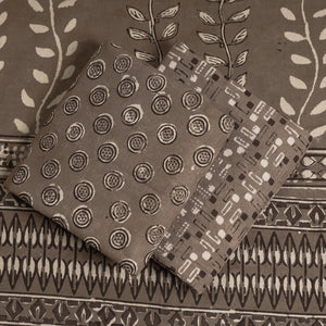 Brown - 3pc Cotton Block Printed Pipad Dress Material Set