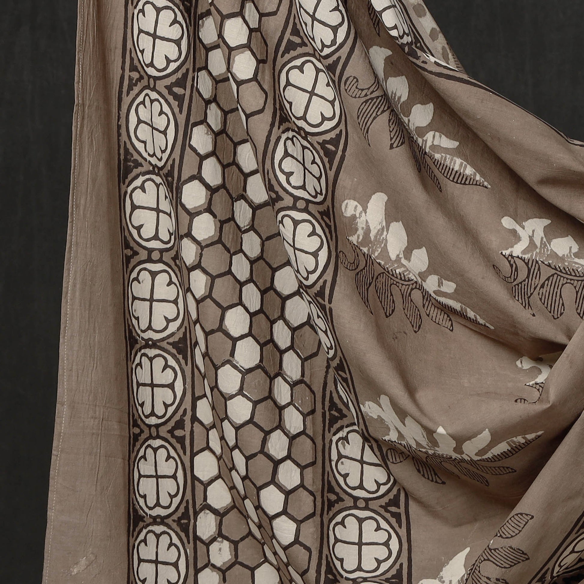Brown - 3pc Cotton Block Printed Pipad Dress Material Set