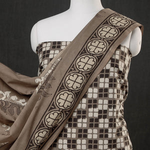 Brown - 3pc Cotton Block Printed Pipad Dress Material Set