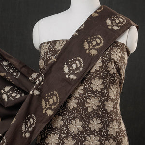 Brown - 3pc Cotton Block Printed Pipad Dress Material Set