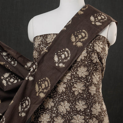 Brown - 3pc Cotton Block Printed Pipad Dress Material Set