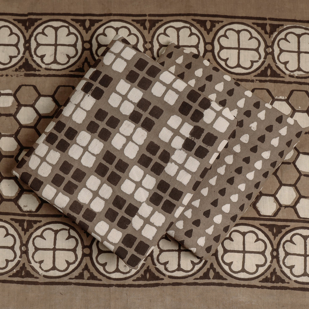 Brown - 3pc Cotton Block Printed Pipad Dress Material Set