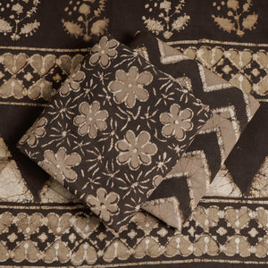 Brown - 3pc Cotton Block Printed Pipad Dress Material Set