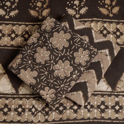 Brown - 3pc Cotton Block Printed Pipad Dress Material Set