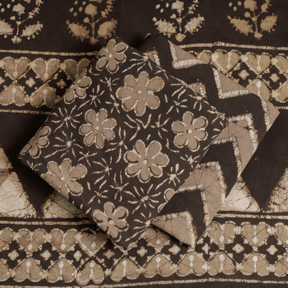 Brown - 3pc Cotton Block Printed Pipad Dress Material Set