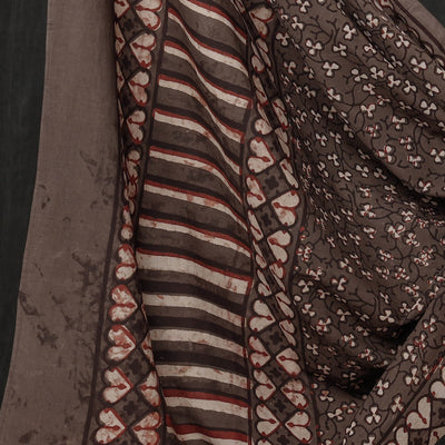 Brown - 3pc Cotton Block Printed Pipad Dress Material Set