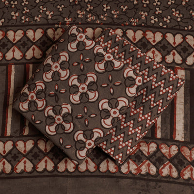 Brown - 3pc Cotton Block Printed Pipad Dress Material Set