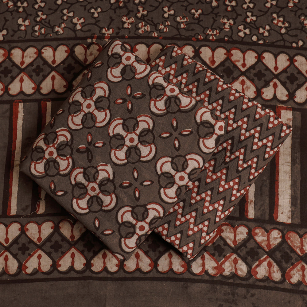 Brown - 3pc Cotton Block Printed Pipad Dress Material Set