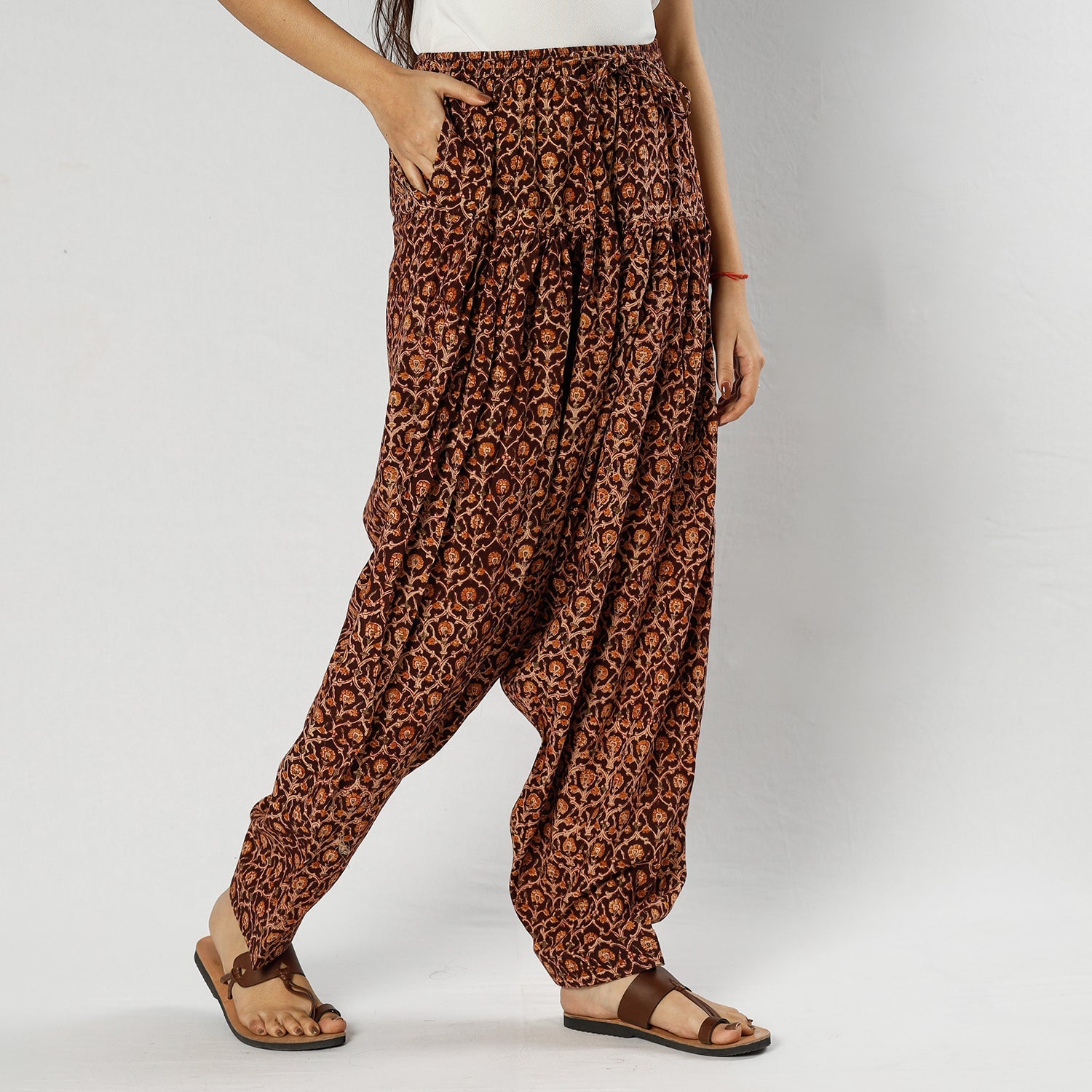 Brown - Pedana Kalamkari Block Printing Cotton Elasticated Salwar