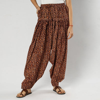 Brown - Pedana Kalamkari Block Printing Cotton Elasticated Salwar
