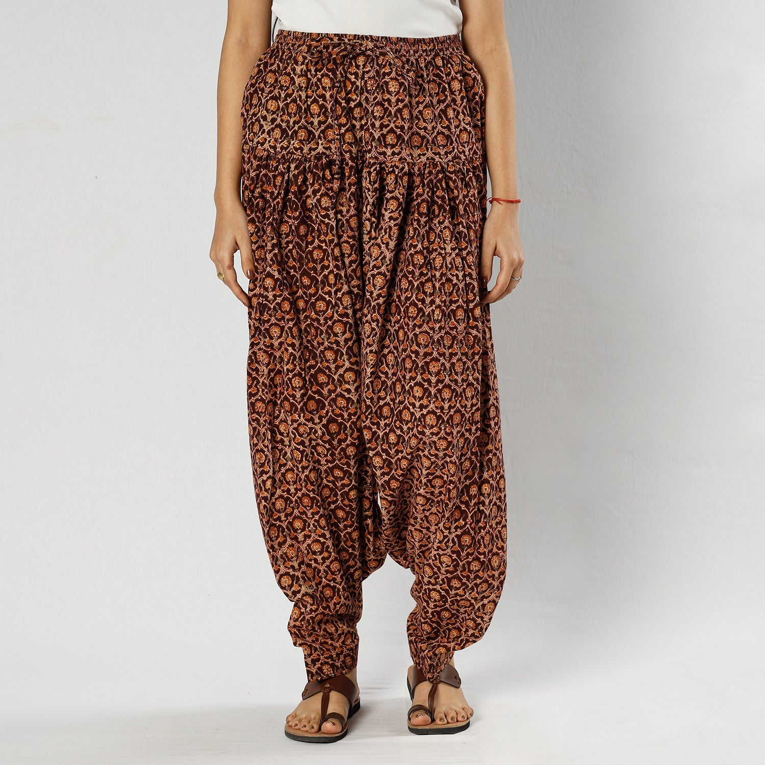 Brown - Pedana Kalamkari Block Printing Cotton Elasticated Salwar