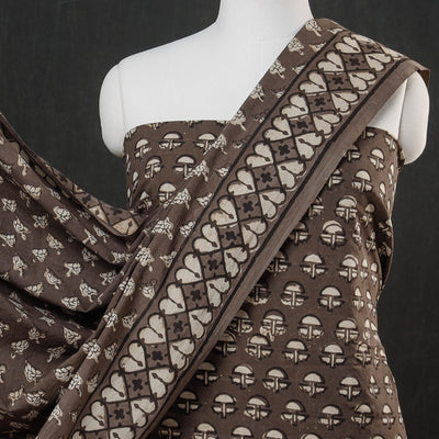 Brown - 3pc Cotton Block Printed Pipad Dress Material Set