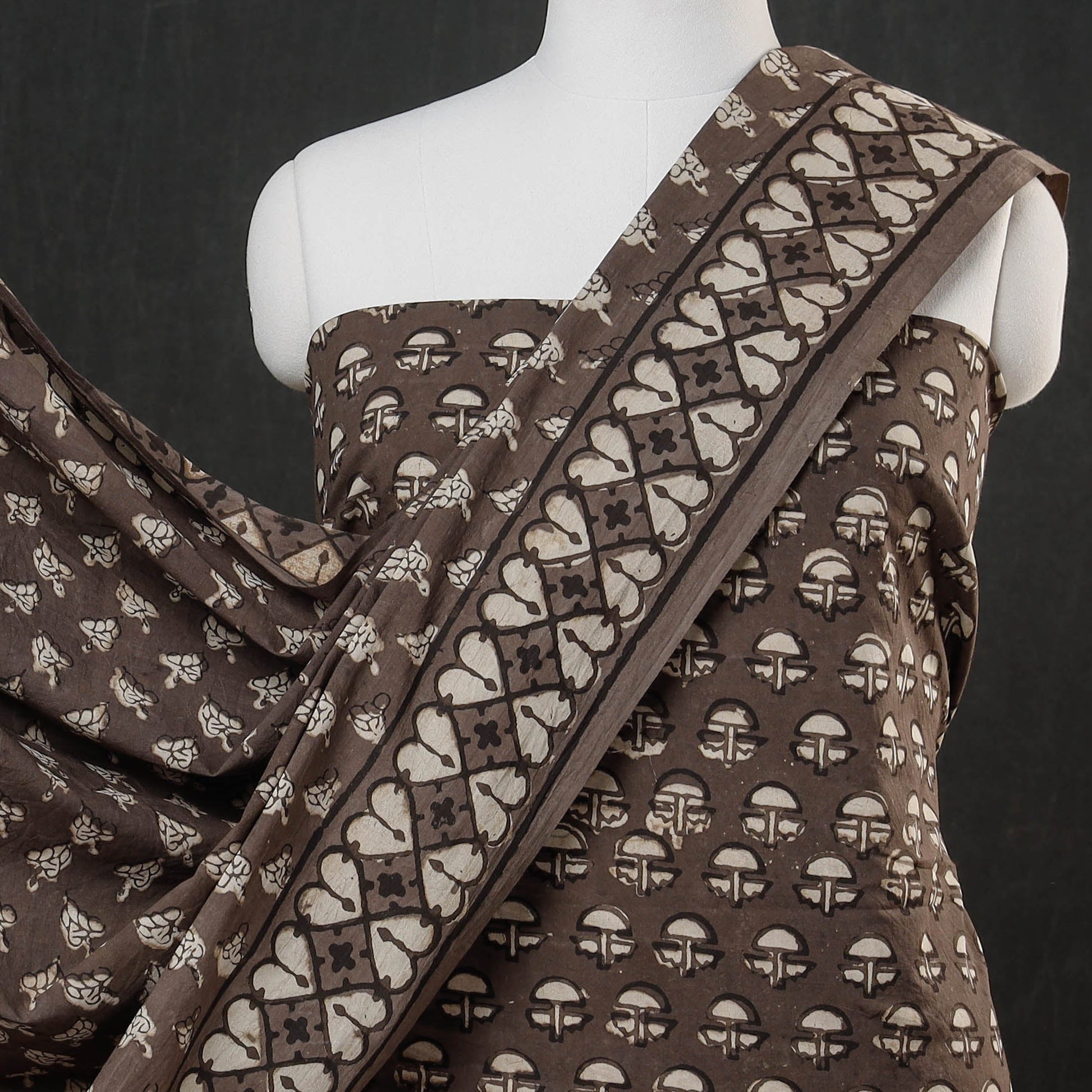 Brown - 3pc Cotton Block Printed Pipad Dress Material Set