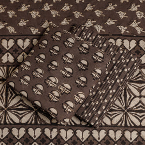 Brown - 3pc Cotton Block Printed Pipad Dress Material Set