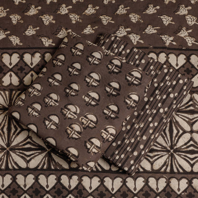 Brown - 3pc Cotton Block Printed Pipad Dress Material Set