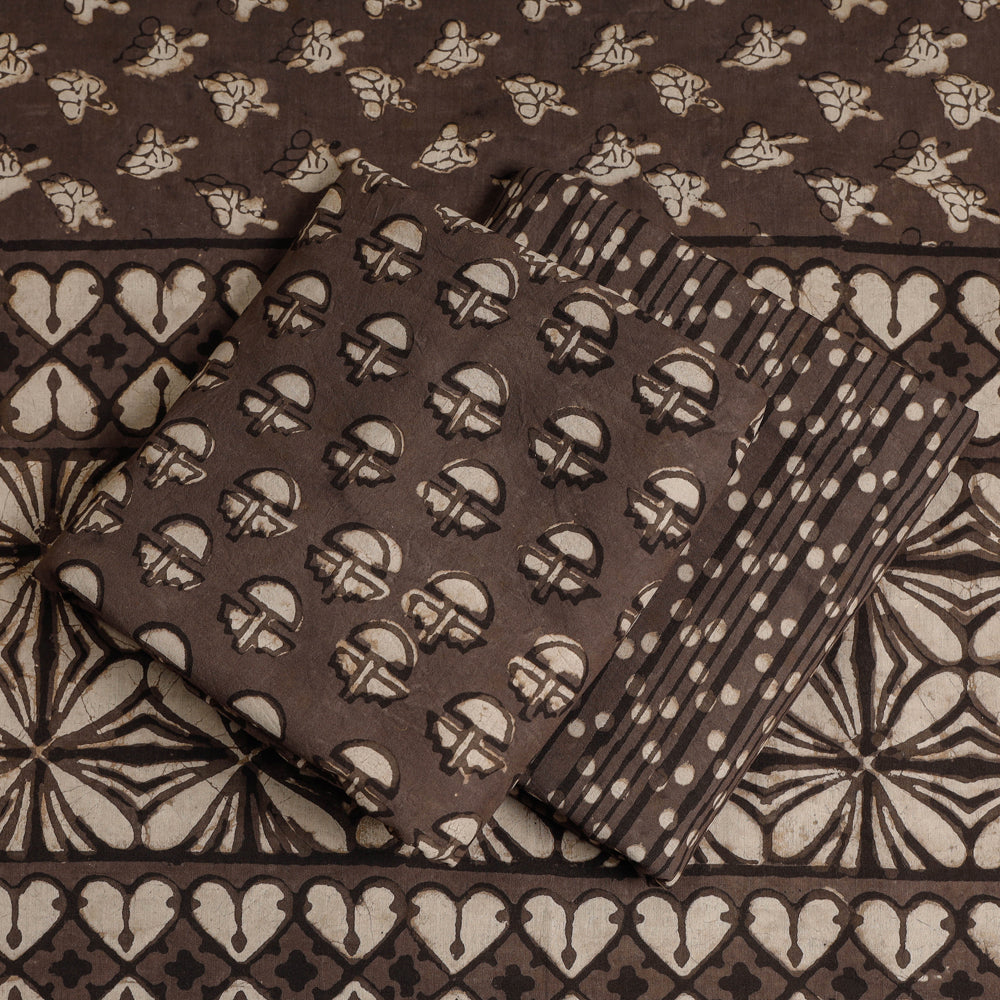 Brown - 3pc Cotton Block Printed Pipad Dress Material Set