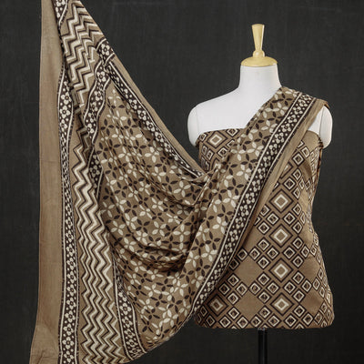 Brown - 3pc Cotton Block Printed Pipad Dress Material Set