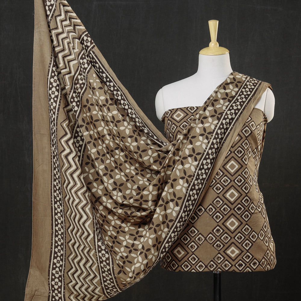 Brown - 3pc Cotton Block Printed Pipad Dress Material Set