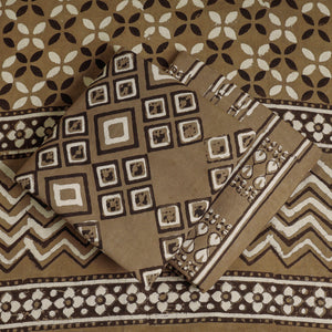 Brown - 3pc Cotton Block Printed Pipad Dress Material Set