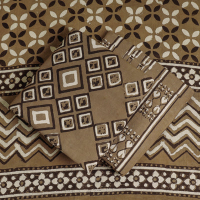 Brown - 3pc Cotton Block Printed Pipad Dress Material Set