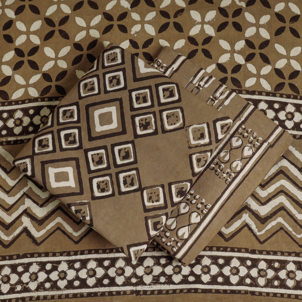 Brown - 3pc Cotton Block Printed Pipad Dress Material Set