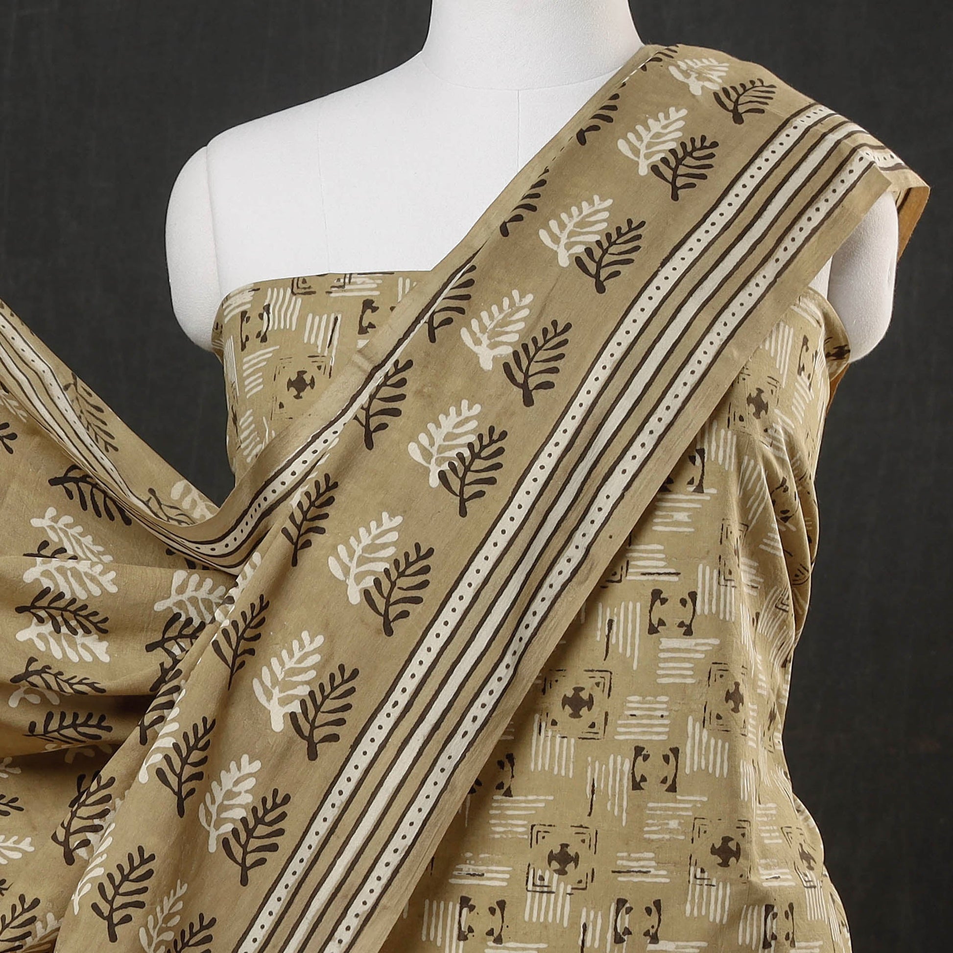 Brown - 3pc Cotton Block Printed Pipad Dress Material Set