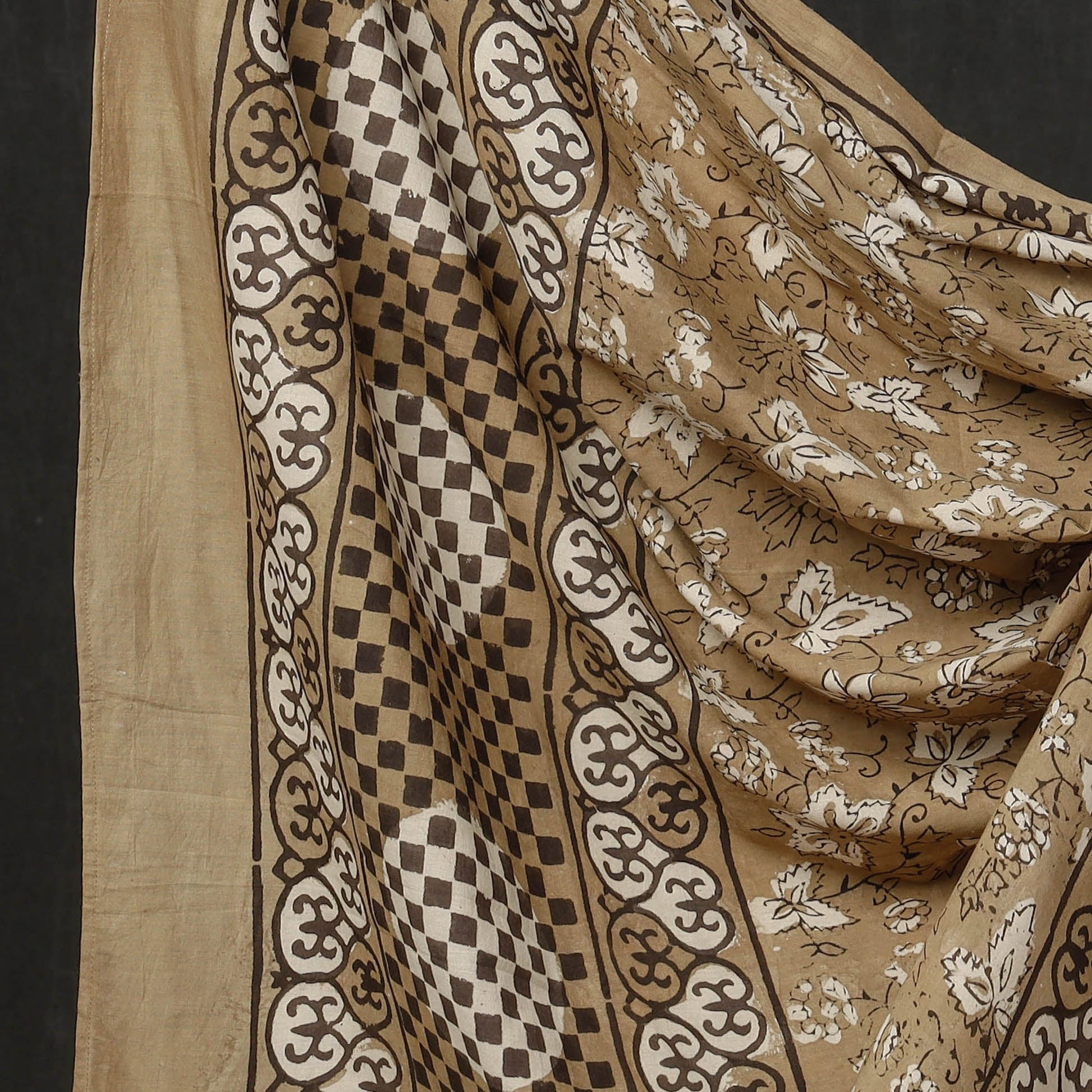 Brown - 3pc Cotton Block Printed Pipad Dress Material Set