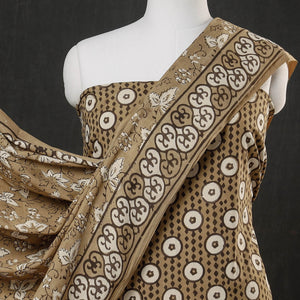 Brown - 3pc Cotton Block Printed Pipad Dress Material Set