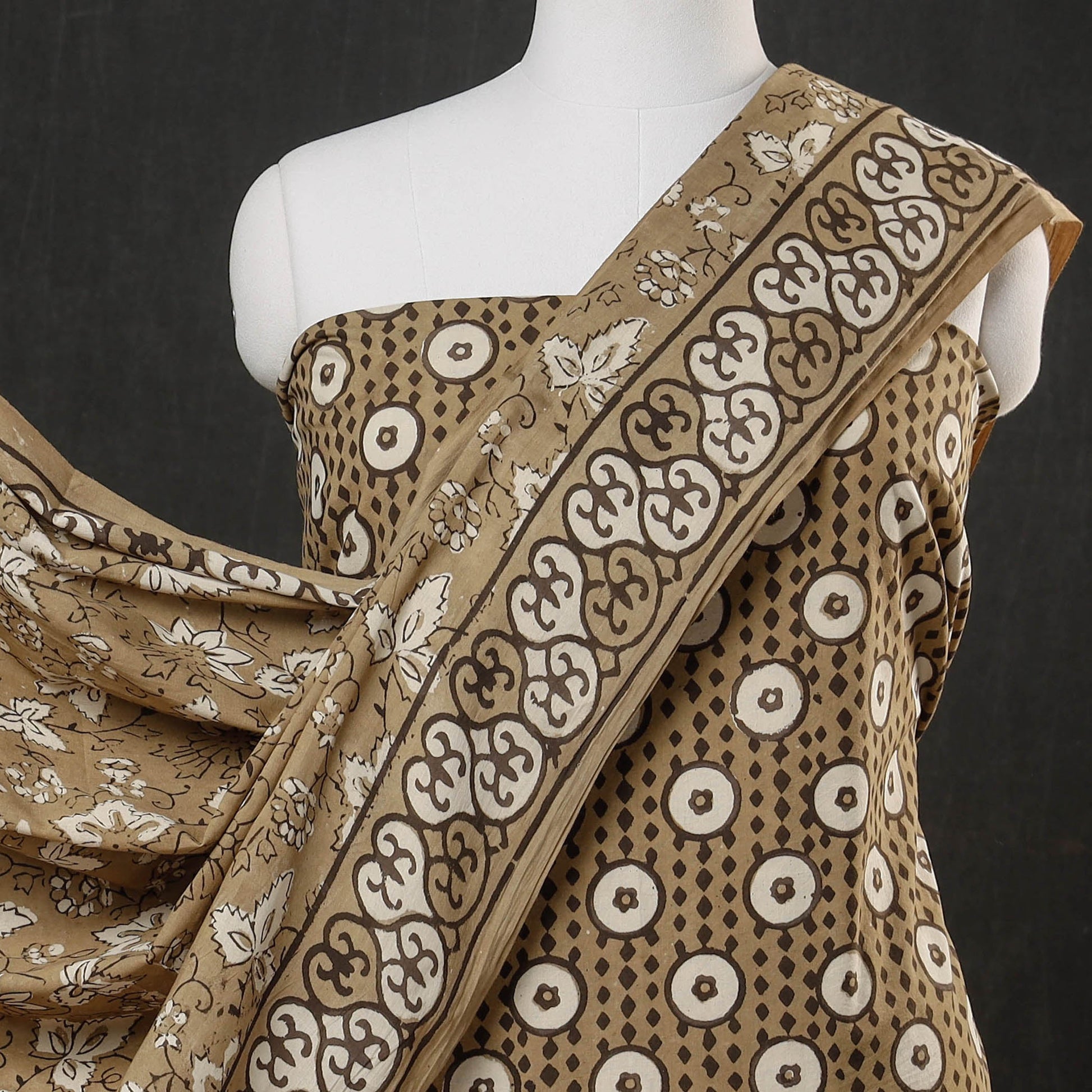 Brown - 3pc Cotton Block Printed Pipad Dress Material Set
