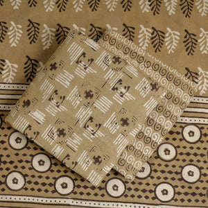 Brown - 3pc Cotton Block Printed Pipad Dress Material Set