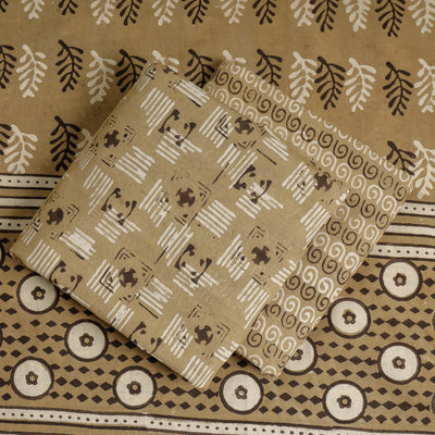 Brown - 3pc Cotton Block Printed Pipad Dress Material Set