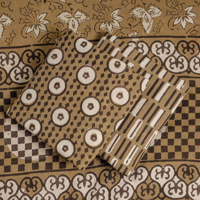 Brown - 3pc Cotton Block Printed Pipad Dress Material Set