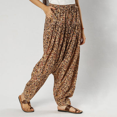 Beige - Pedana Kalamkari Block Printing Cotton Elasticated Salwar