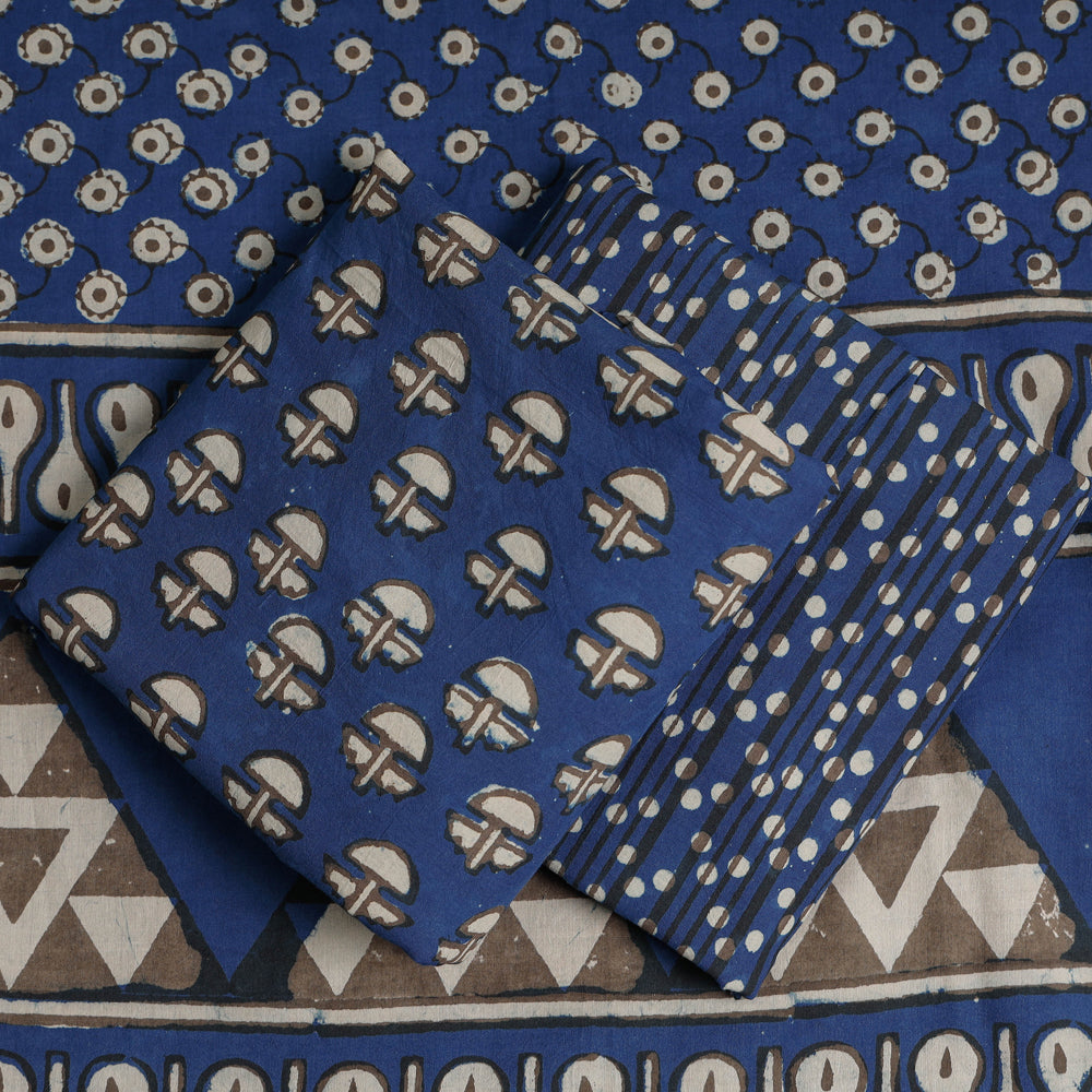 Blue - 3pc Cotton Block Printed Pipad Dress Material Set