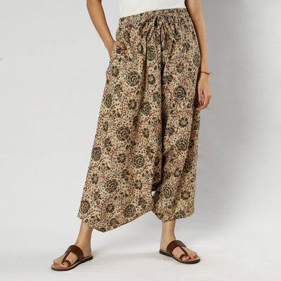 Beige - Pedana Kalamkari Block Print Cotton Harem Pant