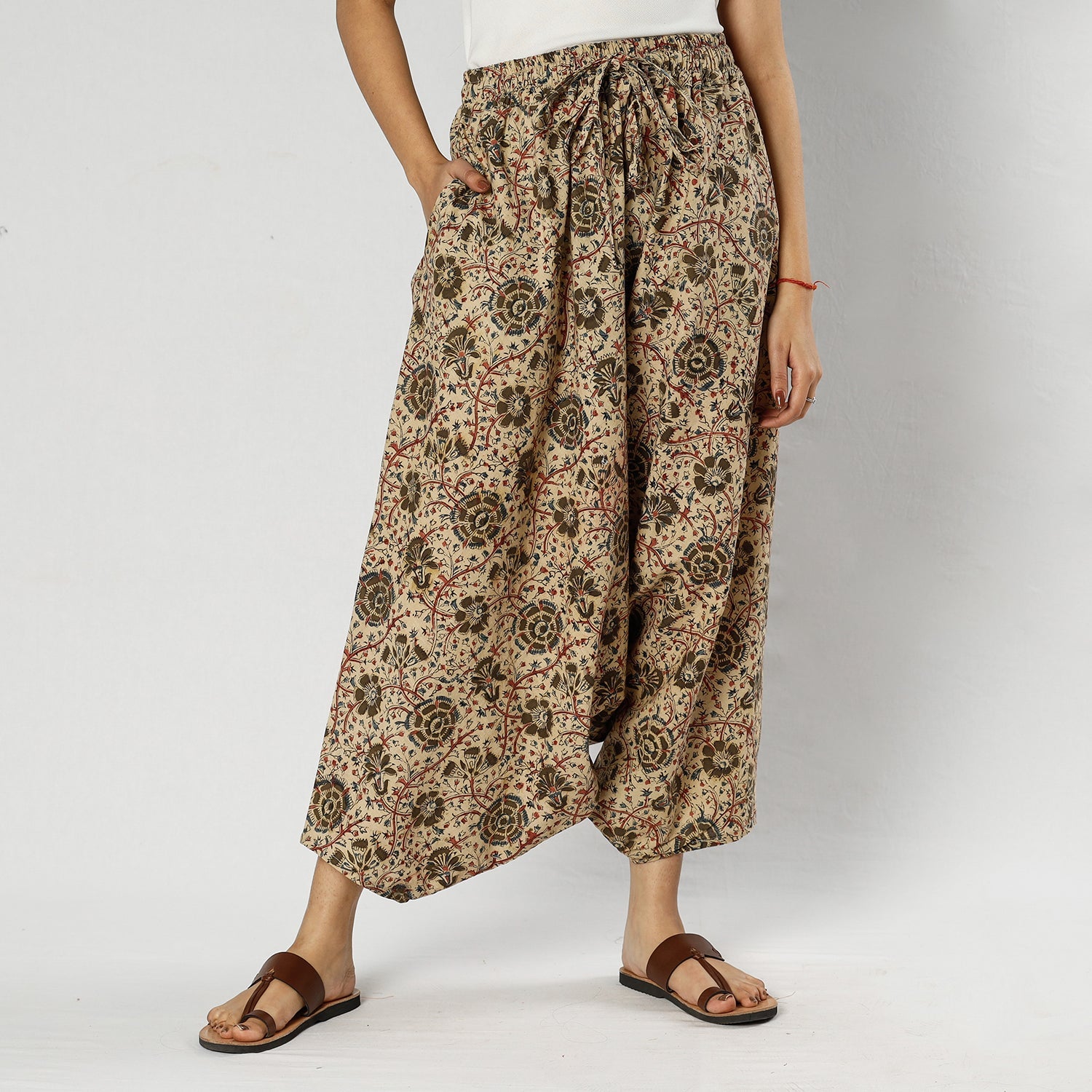 Beige - Pedana Kalamkari Block Print Cotton Harem Pant