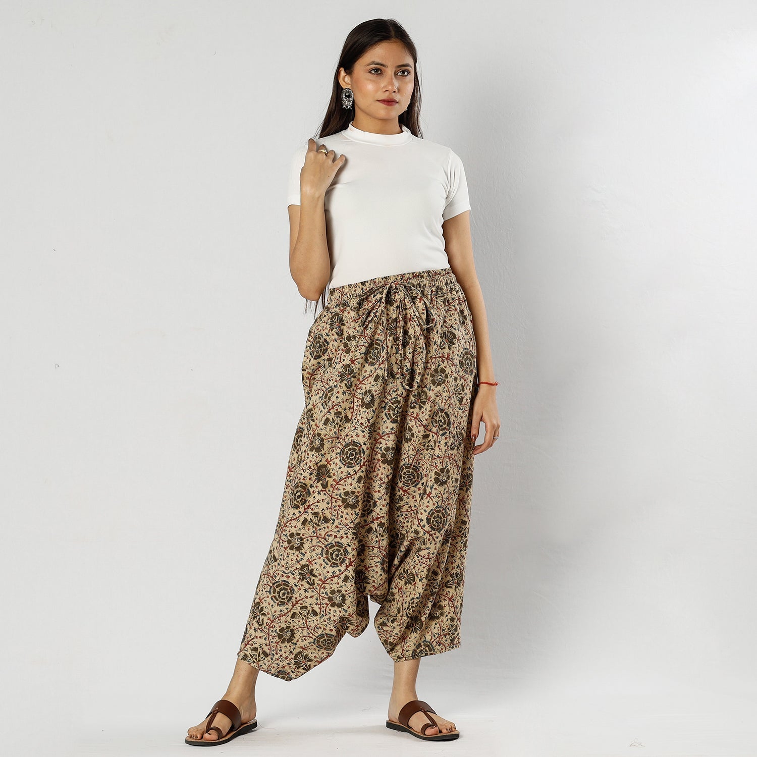 Beige - Pedana Kalamkari Block Print Cotton Harem Pant