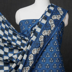 Blue - 3pc Cotton Block Printed Pipad Dress Material Set